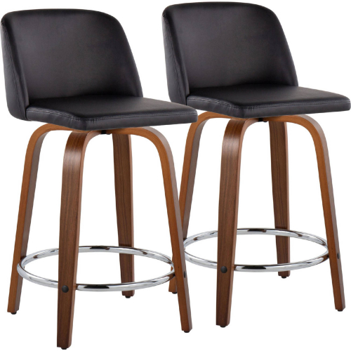 Toriano 24" Swivel Counter Stool in Walnut Wood & Black Leatherette w/ Chrome Footrest (Set of 2)